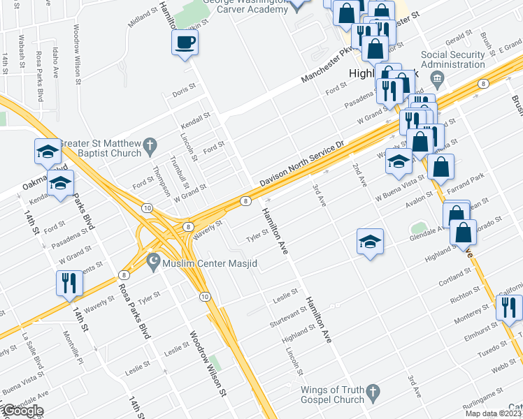 map of restaurants, bars, coffee shops, grocery stores, and more near 13321 Hamilton Avenue in Highland Park