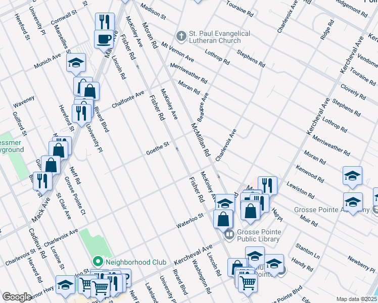 map of restaurants, bars, coffee shops, grocery stores, and more near 262 Mc Kinley Avenue in Grosse Pointe Farms