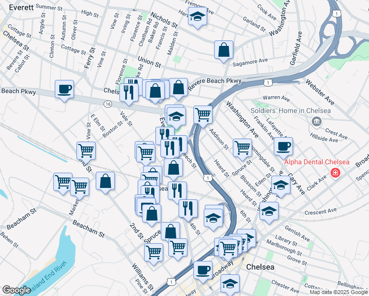 map of restaurants, bars, coffee shops, grocery stores, and more near 158 Carter Street in Chelsea