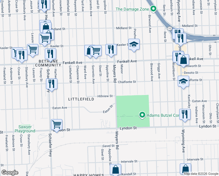 map of restaurants, bars, coffee shops, grocery stores, and more near 14918 Appoline Street in Detroit