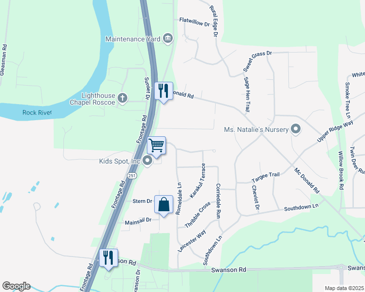 map of restaurants, bars, coffee shops, grocery stores, and more near 5573 Tall Pines Parkway in Roscoe