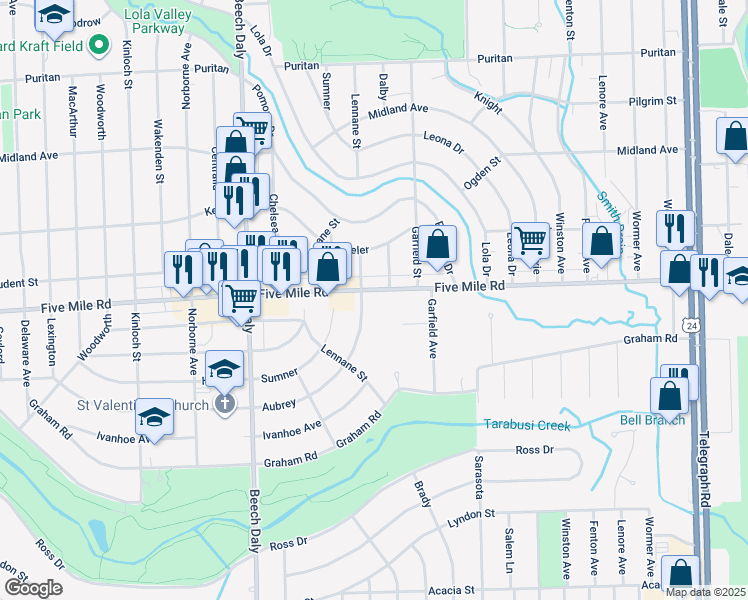 map of restaurants, bars, coffee shops, grocery stores, and more near 25321 Five Mile Road in Redford Charter Township