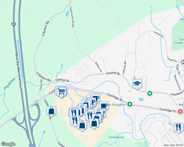 map of restaurants, bars, coffee shops, grocery stores, and more near 301 Central Street in Hudson
