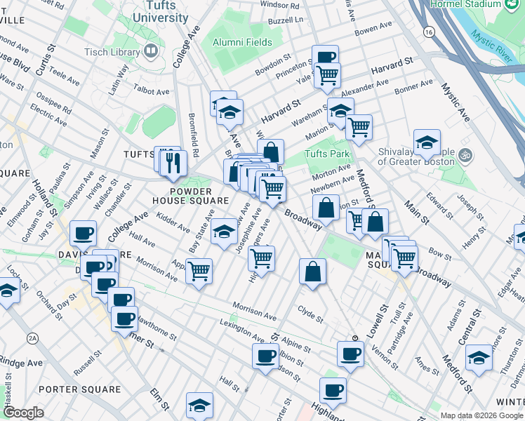 map of restaurants, bars, coffee shops, grocery stores, and more near 114 Rogers Avenue in Somerville