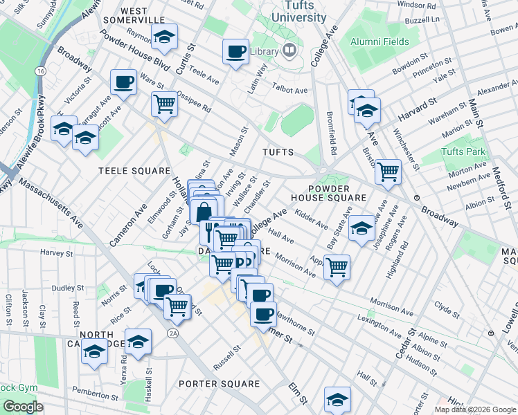 map of restaurants, bars, coffee shops, grocery stores, and more near 9 Chapel Street in Somerville
