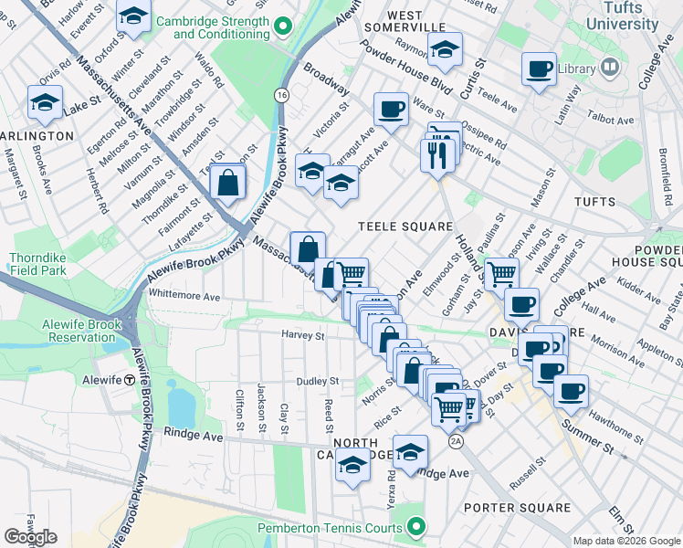 map of restaurants, bars, coffee shops, grocery stores, and more near 2473 Massachusetts Avenue in Cambridge