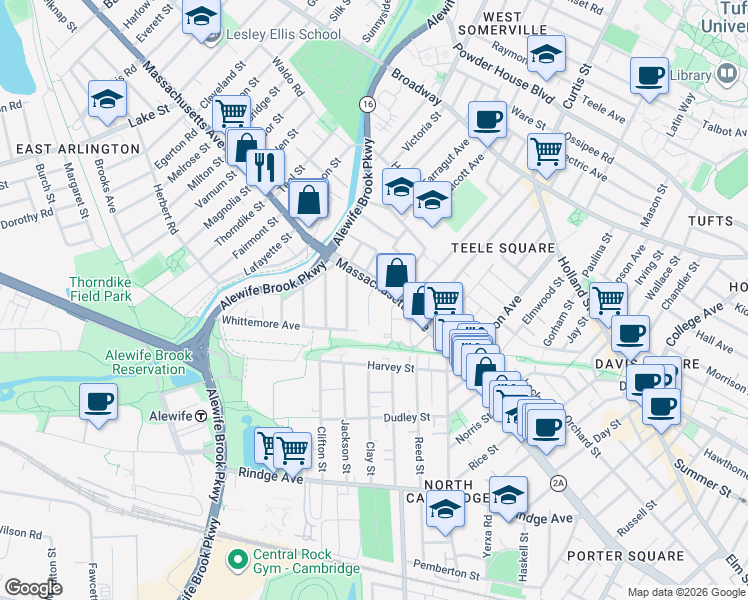 map of restaurants, bars, coffee shops, grocery stores, and more near 35 Brookford Street in Cambridge