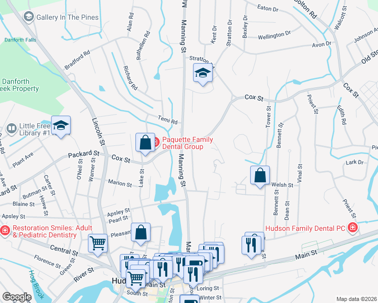 map of restaurants, bars, coffee shops, grocery stores, and more near 124 Manning Street in Hudson