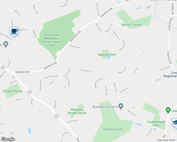 map of restaurants, bars, coffee shops, grocery stores, and more near 35 Canterbury Drive in Sudbury