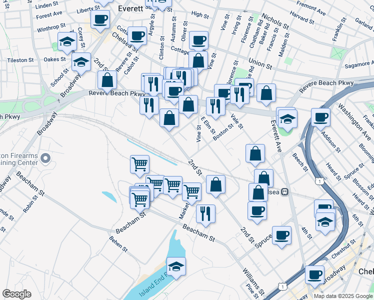 map of restaurants, bars, coffee shops, grocery stores, and more near 342 2nd Street in Everett