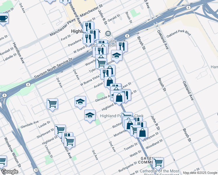 map of restaurants, bars, coffee shops, grocery stores, and more near 44 Glendale Avenue in Highland Park