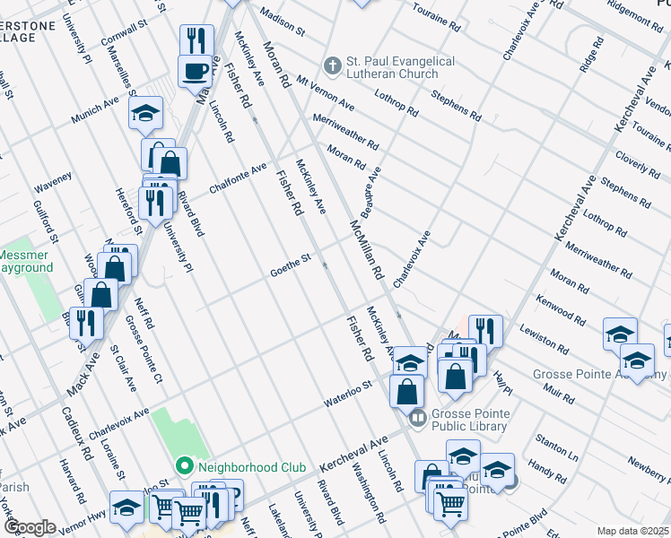 map of restaurants, bars, coffee shops, grocery stores, and more near 709 Fisher Road in Grosse Pointe