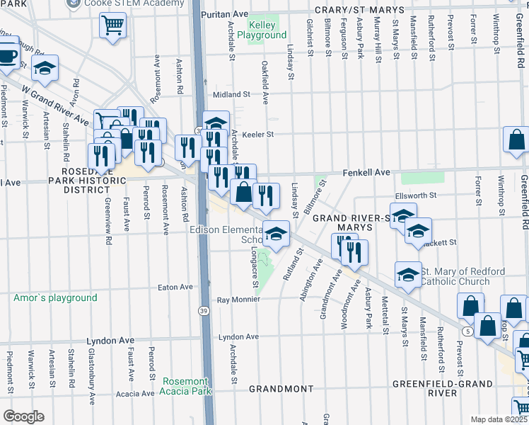 map of restaurants, bars, coffee shops, grocery stores, and more near 17455 Michigan 5 in Detroit
