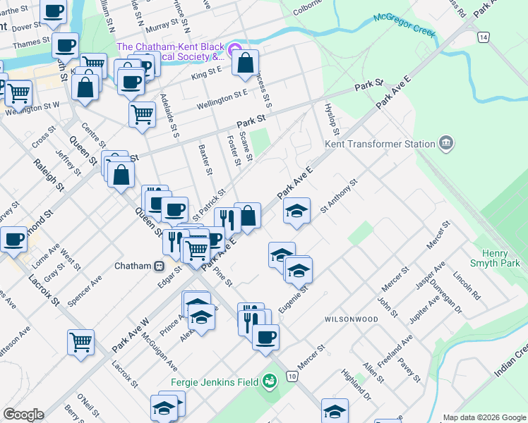 map of restaurants, bars, coffee shops, grocery stores, and more near 150 Park Avenue East in Chatham-Kent