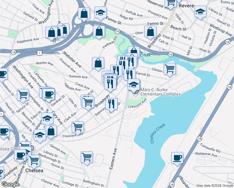 map of restaurants, bars, coffee shops, grocery stores, and more near 178 Spencer Avenue in Chelsea