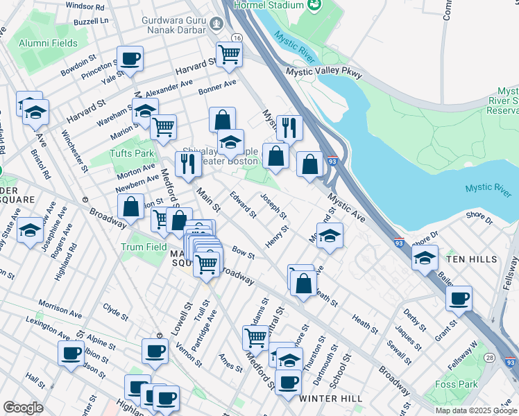 map of restaurants, bars, coffee shops, grocery stores, and more near 23 Edward Street in Medford