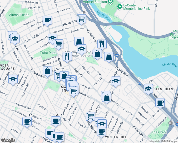 map of restaurants, bars, coffee shops, grocery stores, and more near 23 Edward Street in Medford