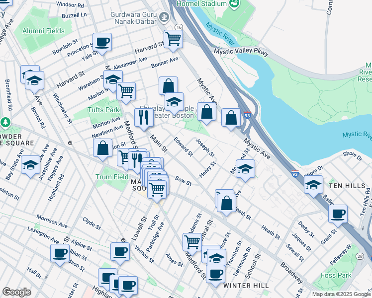 map of restaurants, bars, coffee shops, grocery stores, and more near 55 Dexter Street in Medford
