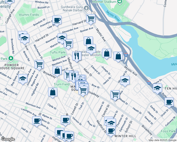 map of restaurants, bars, coffee shops, grocery stores, and more near 8 Elsmere Terrace in Medford