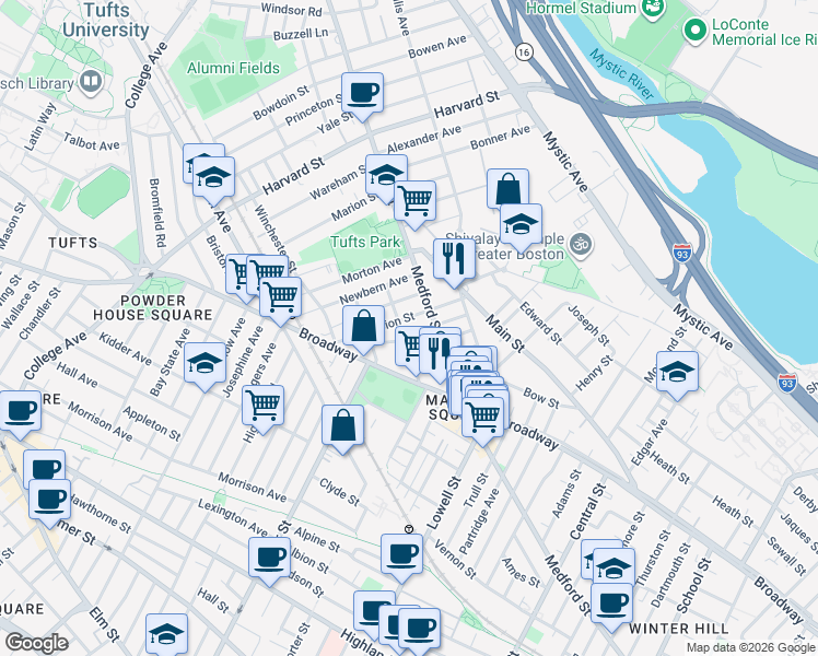 map of restaurants, bars, coffee shops, grocery stores, and more near 13 Winter Hill Road in Medford