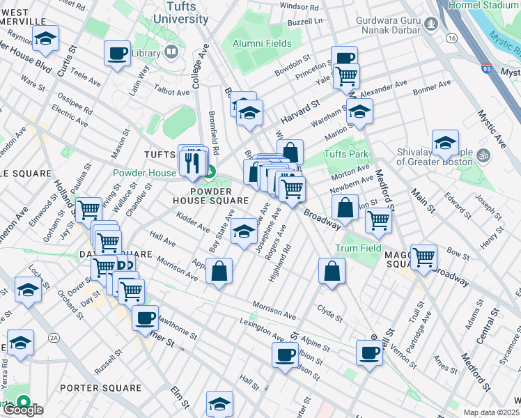map of restaurants, bars, coffee shops, grocery stores, and more near 251 Willow Avenue in Somerville