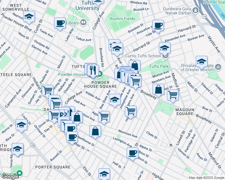 map of restaurants, bars, coffee shops, grocery stores, and more near 46 Bay State Avenue in Somerville
