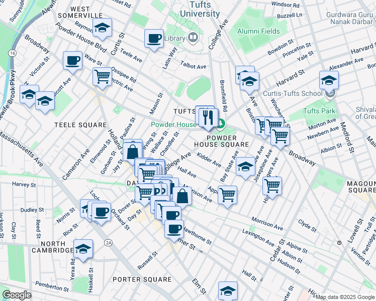 map of restaurants, bars, coffee shops, grocery stores, and more near 89 College Avenue in Somerville
