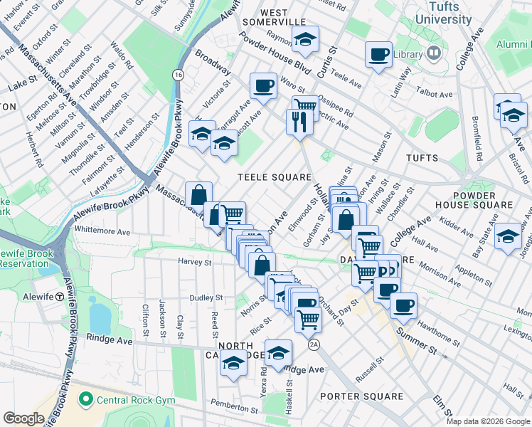 map of restaurants, bars, coffee shops, grocery stores, and more near 64 Cameron Avenue in Somerville
