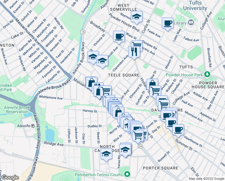 map of restaurants, bars, coffee shops, grocery stores, and more near 29 Camp Street in Cambridge