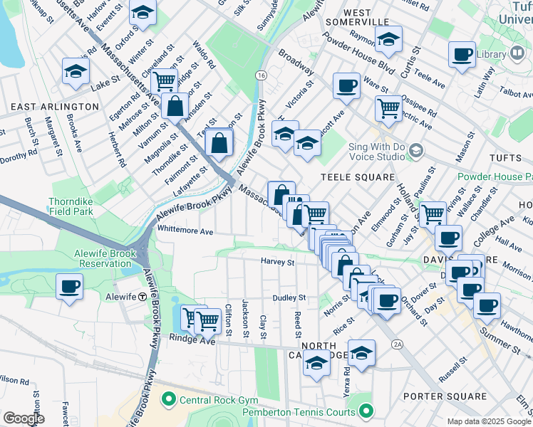 map of restaurants, bars, coffee shops, grocery stores, and more near 35 Brookford Street in Cambridge