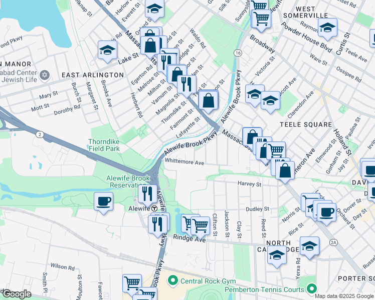 map of restaurants, bars, coffee shops, grocery stores, and more near 111 Whittemore Avenue in Cambridge