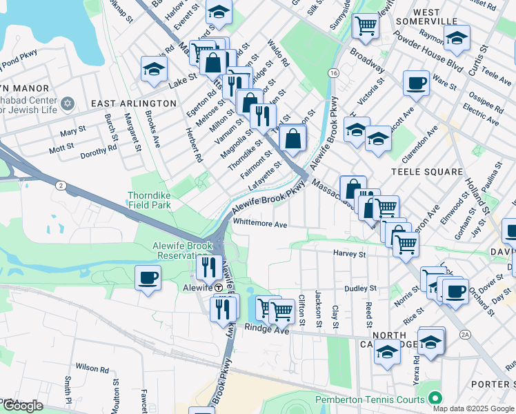 map of restaurants, bars, coffee shops, grocery stores, and more near 111 Whittemore Avenue in Cambridge