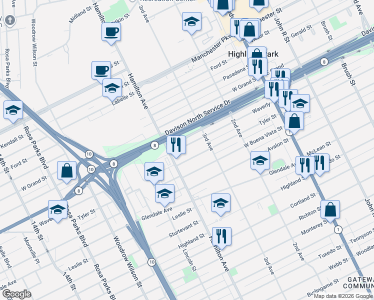 map of restaurants, bars, coffee shops, grocery stores, and more near 246 Tyler Street in Highland Park