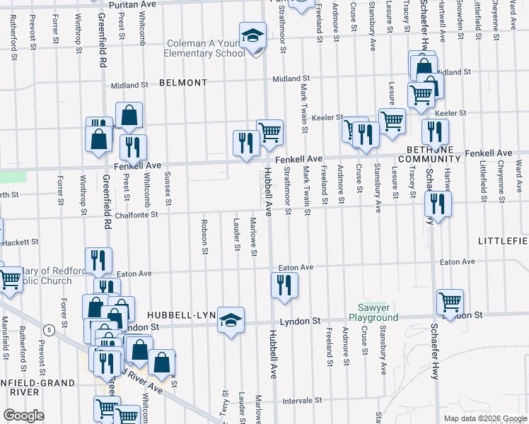 map of restaurants, bars, coffee shops, grocery stores, and more near 14934 Hubbell Avenue in Detroit