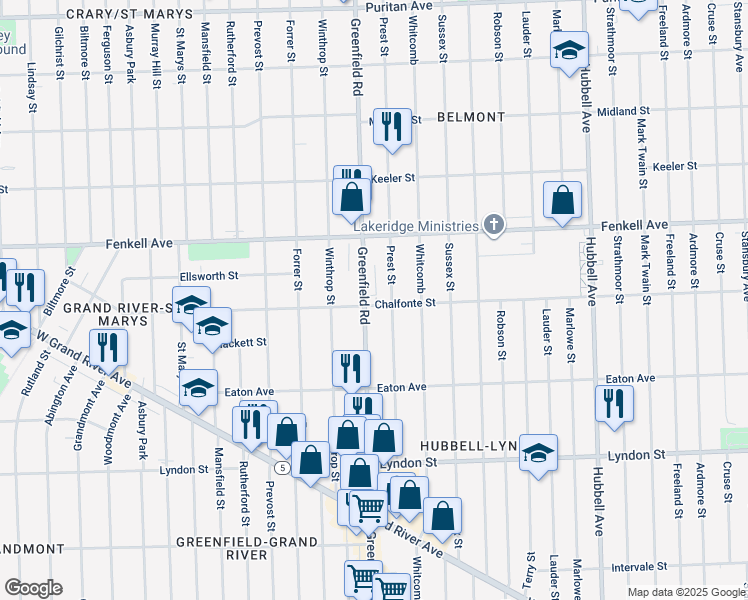 map of restaurants, bars, coffee shops, grocery stores, and more near 14961 Prest Street in Detroit
