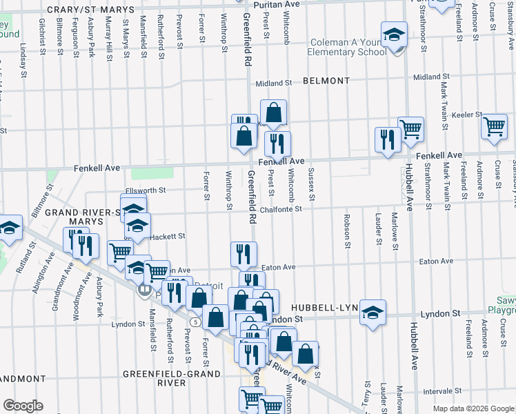 map of restaurants, bars, coffee shops, grocery stores, and more near 15000 Greenfield Road in Detroit