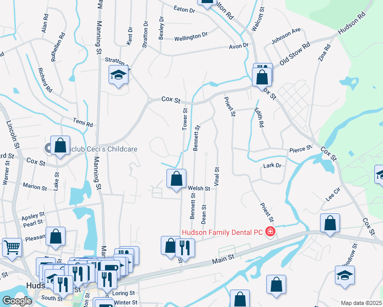 map of restaurants, bars, coffee shops, grocery stores, and more near 81 Tower Street in Hudson