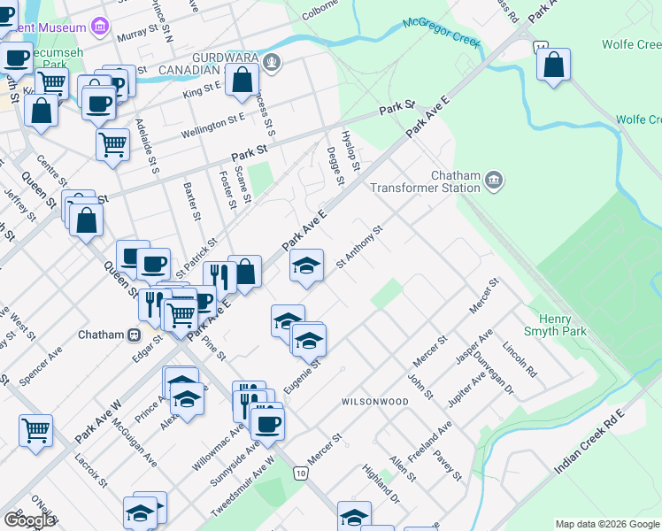map of restaurants, bars, coffee shops, grocery stores, and more near 55 Saint Anthony Street in Chatham-Kent