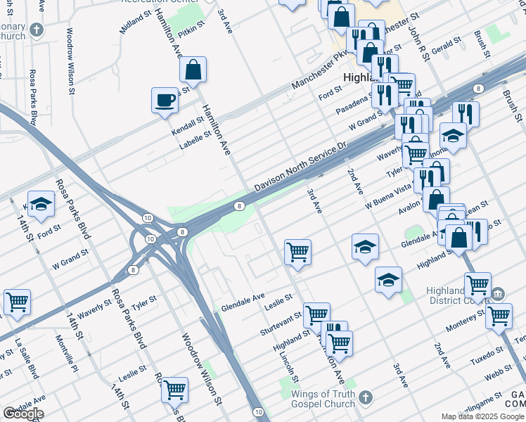map of restaurants, bars, coffee shops, grocery stores, and more near 13321 Hamilton Avenue in Highland Park