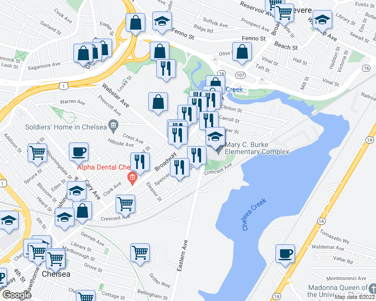 map of restaurants, bars, coffee shops, grocery stores, and more near 178 Spencer Avenue in Chelsea