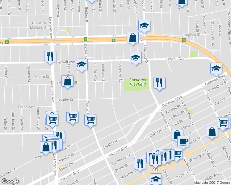 map of restaurants, bars, coffee shops, grocery stores, and more near 14838 Wildemere Street in Detroit