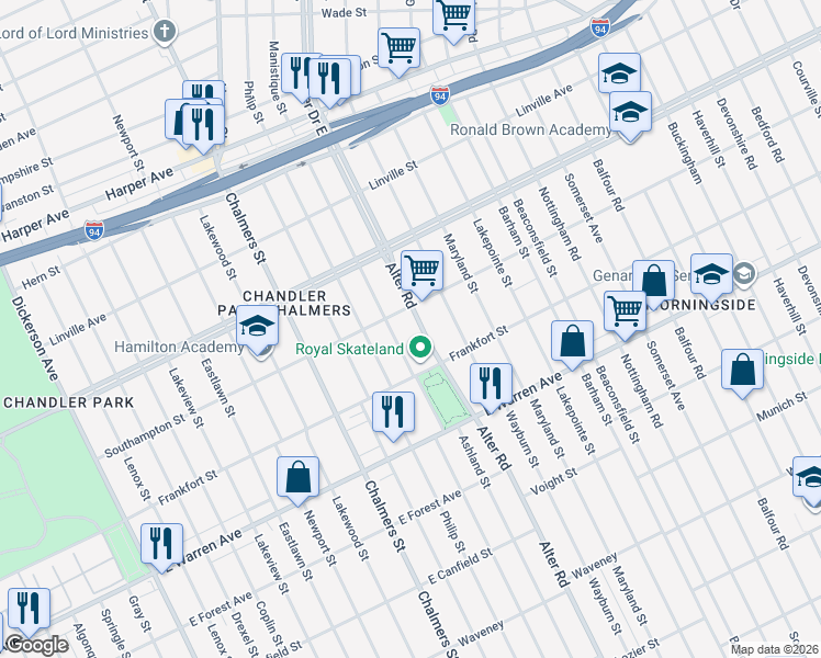 map of restaurants, bars, coffee shops, grocery stores, and more near 5259 Manistique Street in Detroit