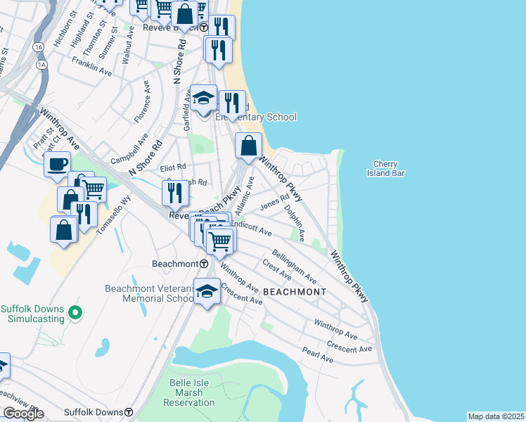 map of restaurants, bars, coffee shops, grocery stores, and more near 42 Endicott Avenue in Revere