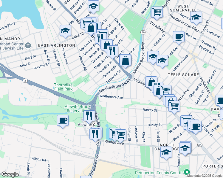 map of restaurants, bars, coffee shops, grocery stores, and more near 111 Whittemore Avenue in Cambridge