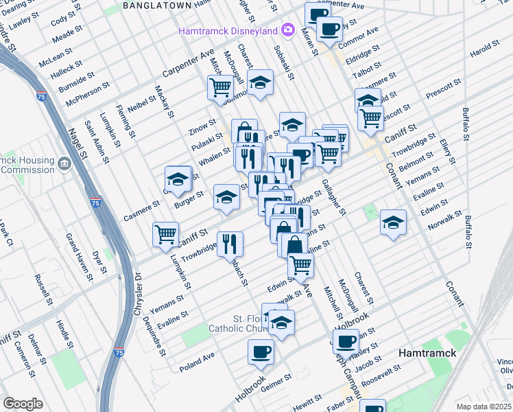 map of restaurants, bars, coffee shops, grocery stores, and more near 2730 Caniff Street in Hamtramck