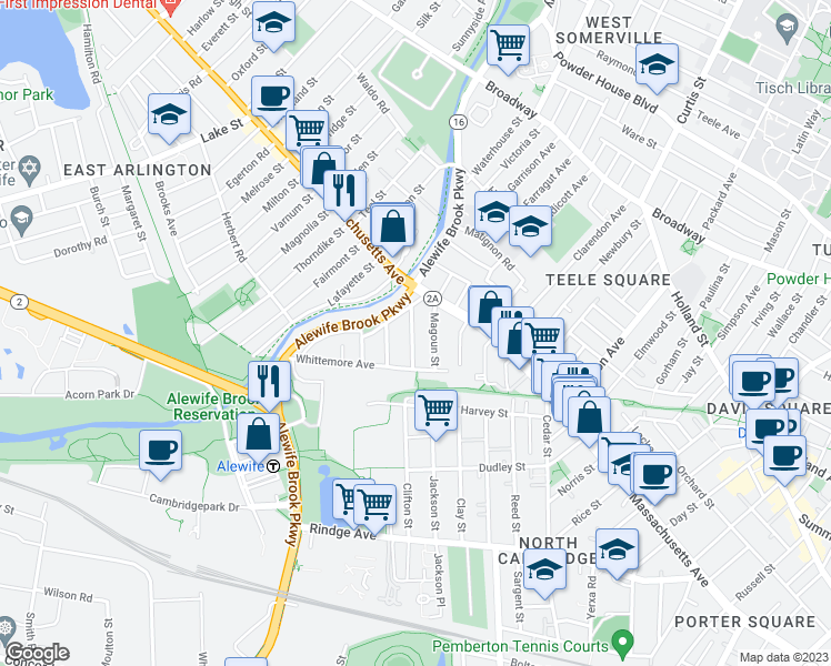 map of restaurants, bars, coffee shops, grocery stores, and more near 27 Madison Avenue in Cambridge