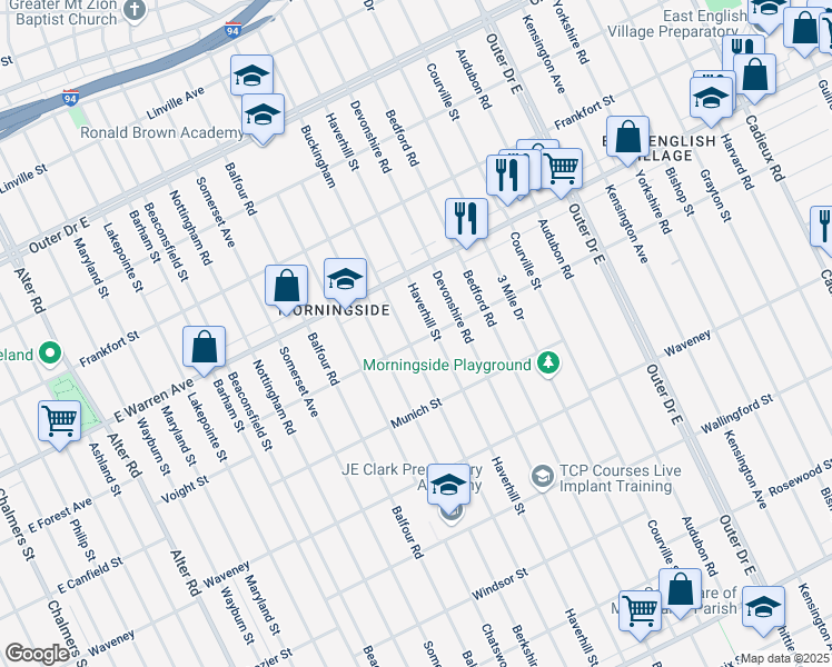 map of restaurants, bars, coffee shops, grocery stores, and more near 4812 Buckingham Avenue in Detroit