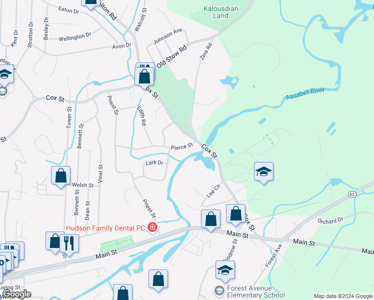 map of restaurants, bars, coffee shops, grocery stores, and more near 29 Pierce Street in Hudson