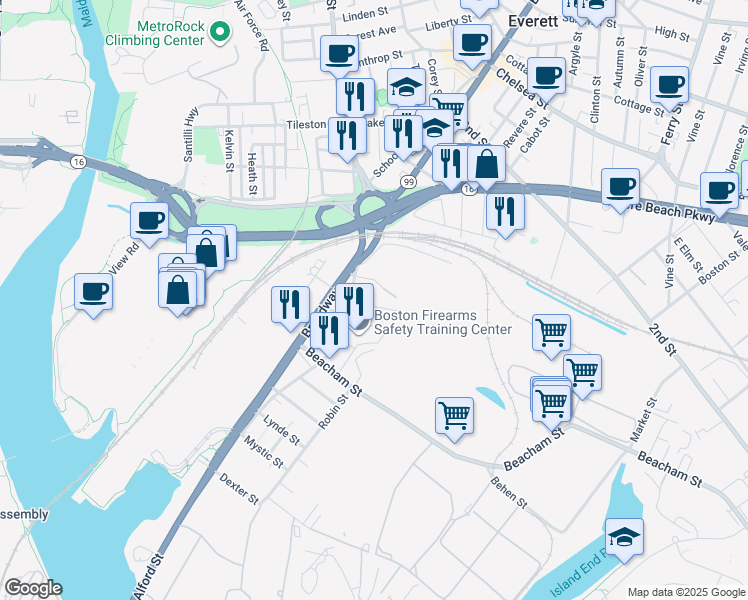 map of restaurants, bars, coffee shops, grocery stores, and more near 20 Factory Street in Everett