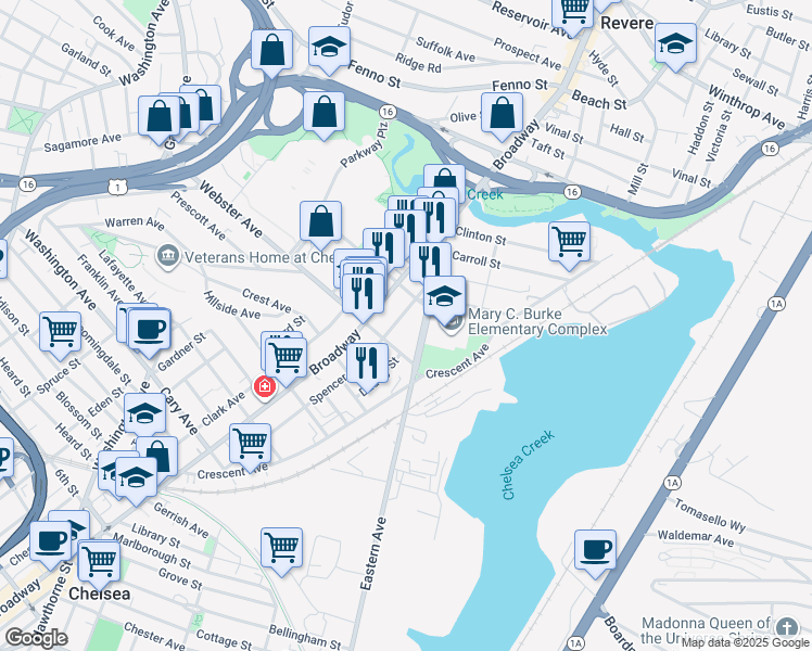 map of restaurants, bars, coffee shops, grocery stores, and more near 205 Spencer Avenue in Chelsea